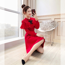 女装 蕾丝气质小香风长袖 红色连衣裙 气质女神范衣服秋装 2019年新款