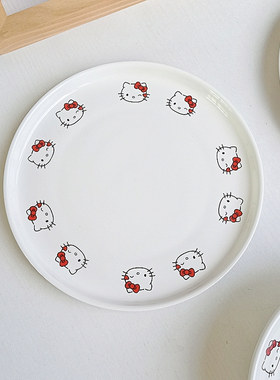 经典kitty凯蒂猫陶瓷盘子家用菜盘饭盘平盘甜品盘 日式斗笠碗面碗