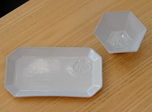 集瓷 日本惊讶猫黑陶粉引 陶瓷八角碗平盘益子烧粗陶餐具套装包邮