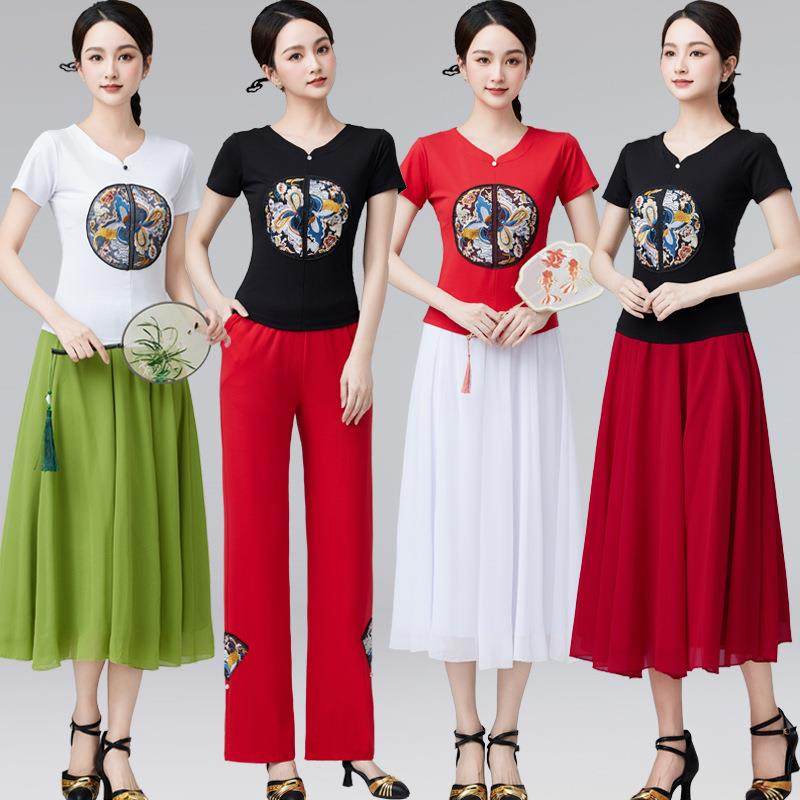 2024夏季新款广场舞国风刺绣显瘦百搭短袖雪纺裙套装民族风团体服,运动/瑜伽/健身/球迷用品,广场舞套装,淘宝优惠券,粉丝福利购,淘宝优惠卷