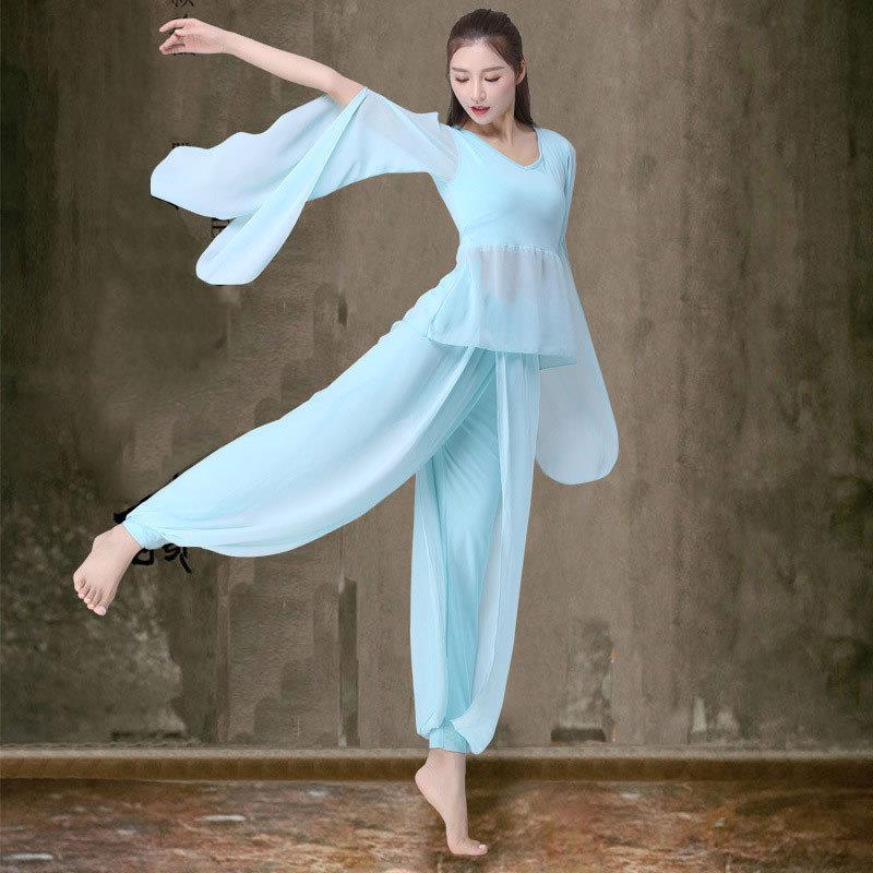 舞韵白色瑜伽服套装女新款雪纺纱仙气飘逸莫代尔棉2018团体表演出