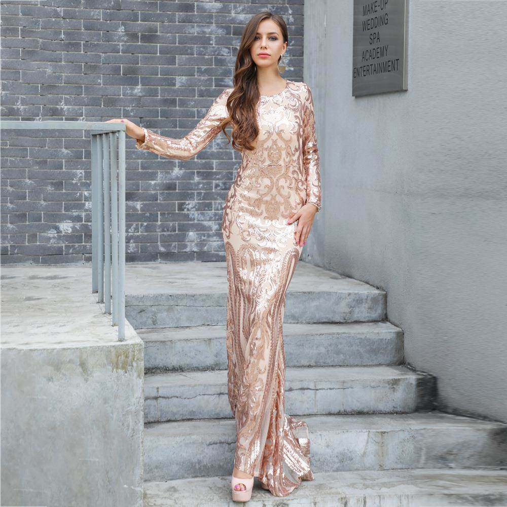 派对晚礼服2023秋冬新款亮片圆领长袖复古晚会连衣裙女