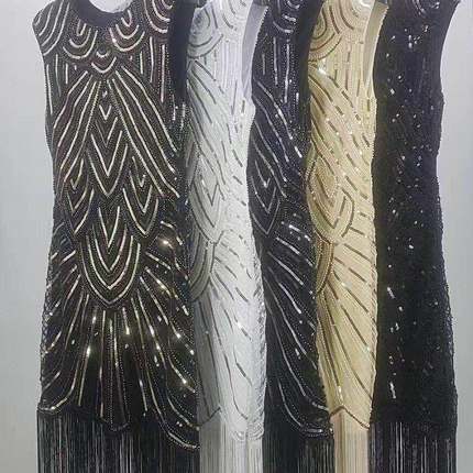 1920复古风亮片钉珠连衣裙前后V领时尚流苏礼服