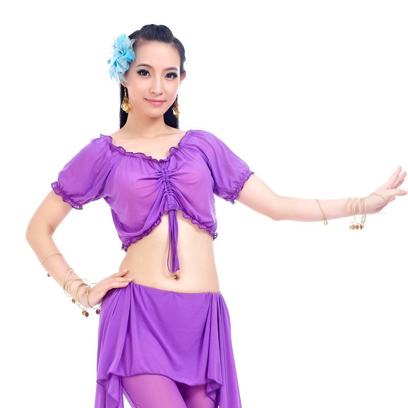 水纱抽皱短袖上衣肚皮舞套装练习服练功服进口水纱练功服上衣
