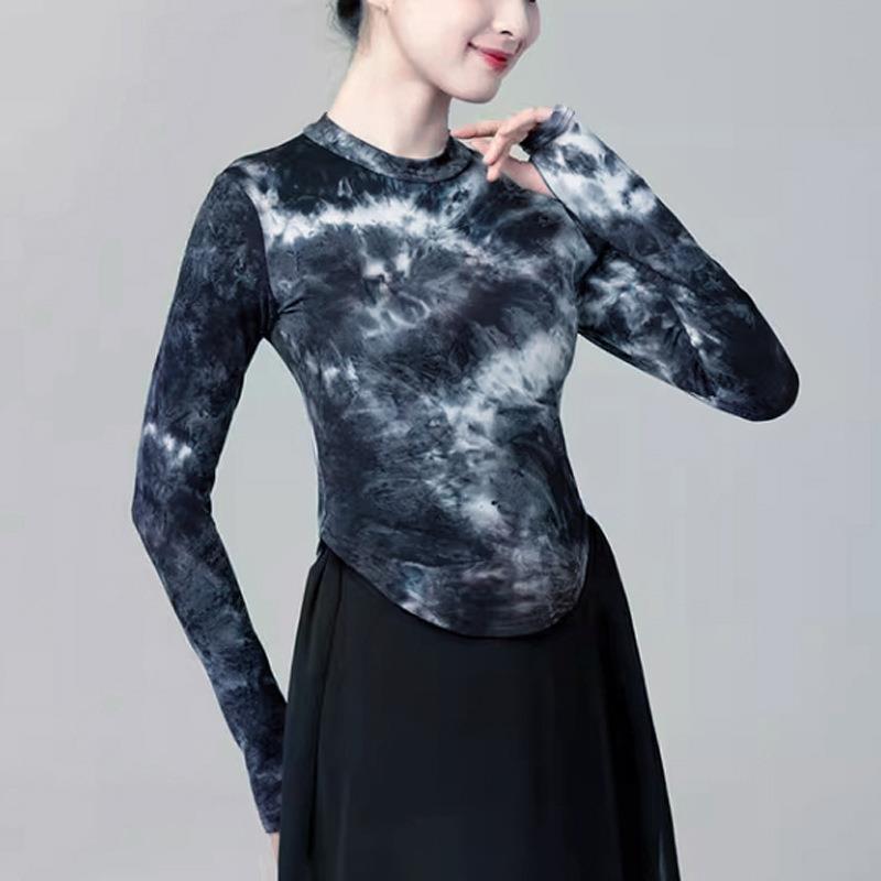现代舞成人舞蹈服长袖水墨扎染印花短袖上衣古典形体练功服装女