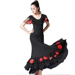 亮片花朵国标舞服交谊舞裙半身大摆裙舞厅跳舞服舞蹈表演服练功服