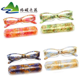 新品便携彩色笔筒老花镜 跑江湖AC片印花插拔盒弹簧腿老花眼鏡