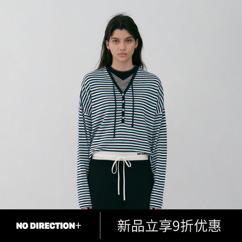 NO DIRECTION+2026秋V领连帽宽松三色彩条羊毛针织衫N630135606A