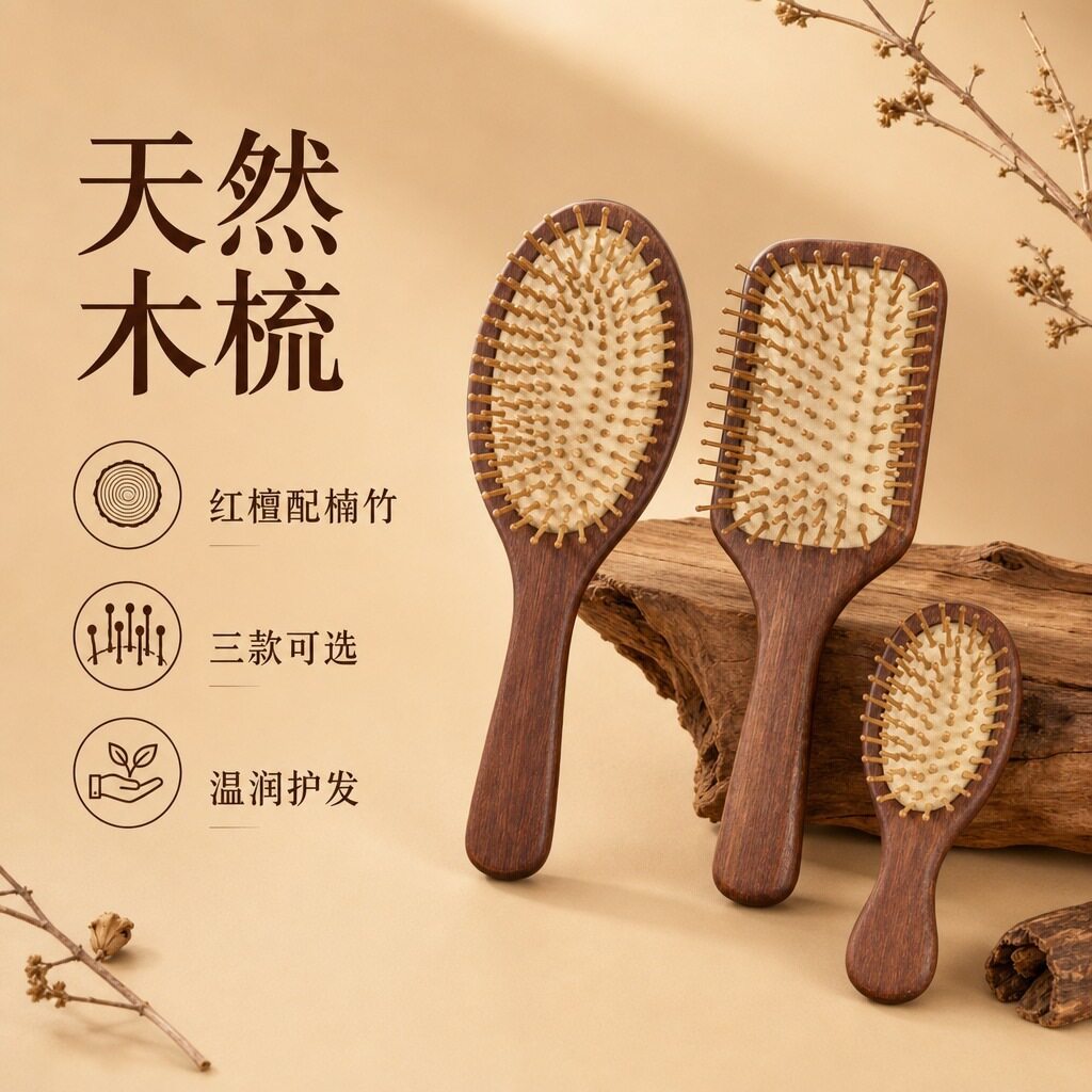 红檀木气垫梳子家用气囊木梳头部经络按摩梳大方板梳女长发顺发梳