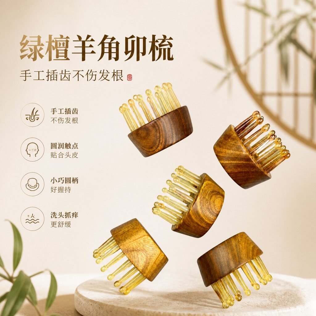 绿檀圆形羊角插齿梳 洗头梳头部按摩梳 实木中空抓头梳