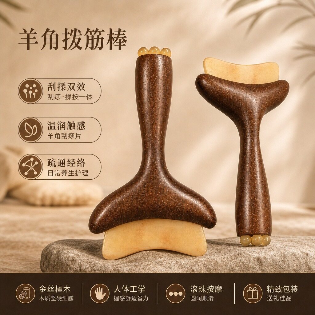 金丝檀木羊角拨筋棒双头刮痧按摩器肩颈经络疏通面部家用养生工具