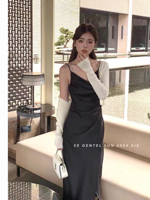 法式气质缎面珍珠吊带裙女侧开衩性感连衣裙名媛高级感气质优雅款