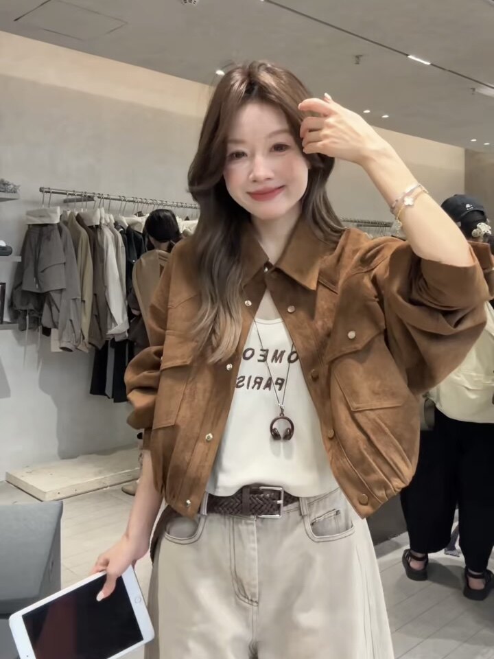 早秋新款小个子短款麂皮外套女