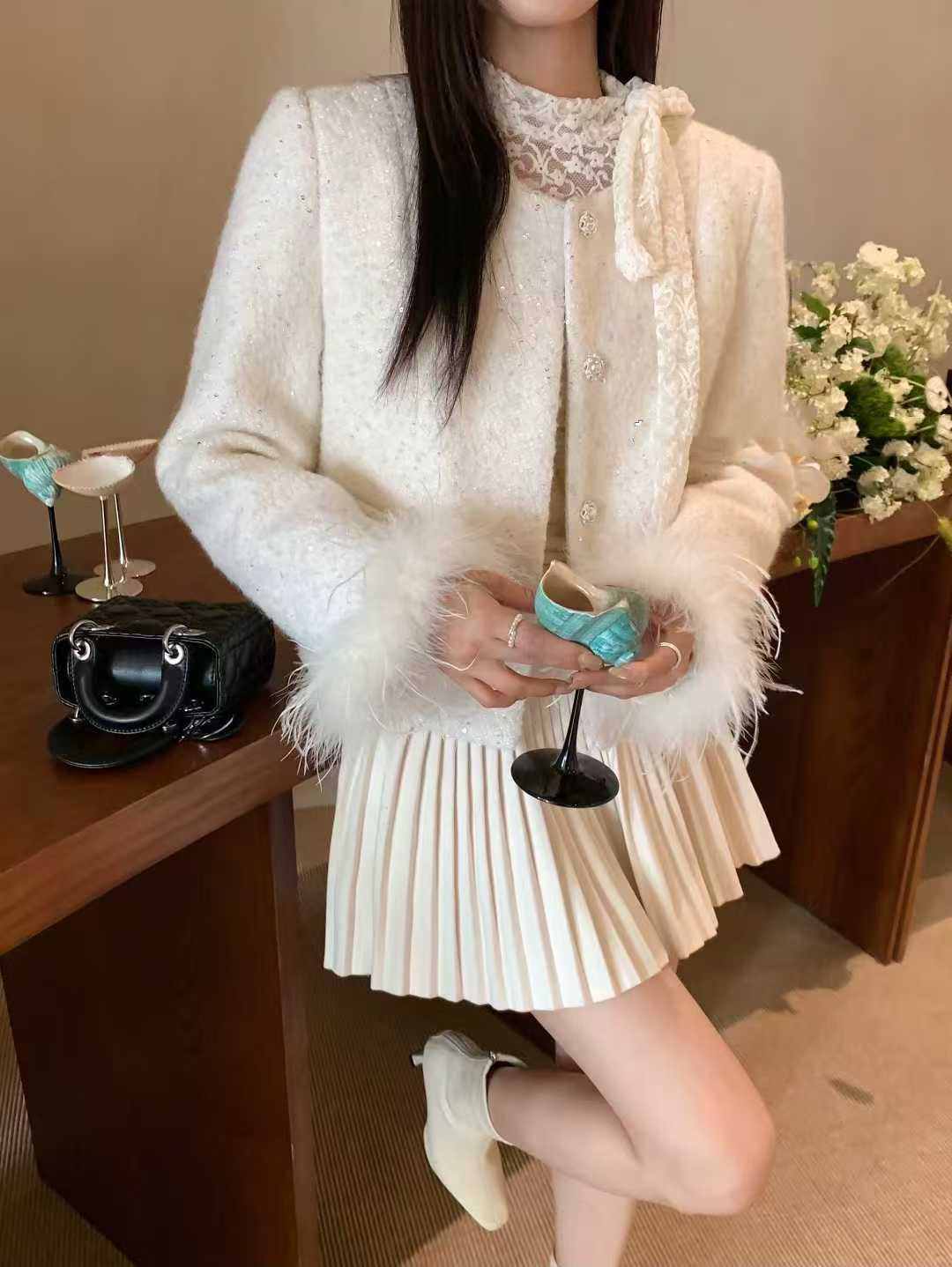 小香风粗花呢拼接鸵鸟毛羽绒服气质优雅套装裙高级感名媛气质显瘦