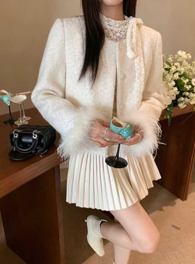 小香风粗花呢拼接鸵鸟毛羽绒服气质优雅套装裙高级感名媛气质显瘦