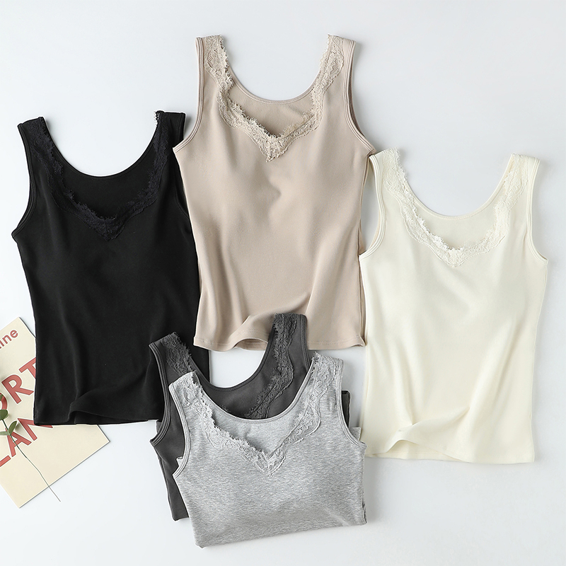 羊毛丝绒混磨毛棉保暖背心秋冬舒适弹力带胸垫一体式内衣