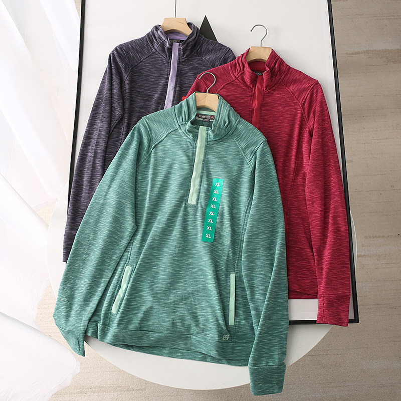 外贸欧美单！户外运动休闲立领套头衫 修身长袖细毛圈卫衣女上衣