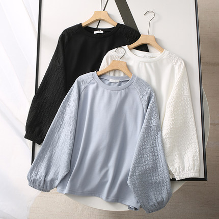 出口原单 2490日币 宽松休闲纯色提花插肩长袖毛圈圆领套头卫衣女