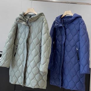 出欧洲单冬季女士中长款菱形棉衣棉服连帽袖子收口保暖棉服外套