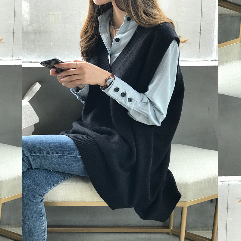 2025秋冬新款中长款v领毛衣背心衬衫女韩版宽松针织马甲打底衬衣