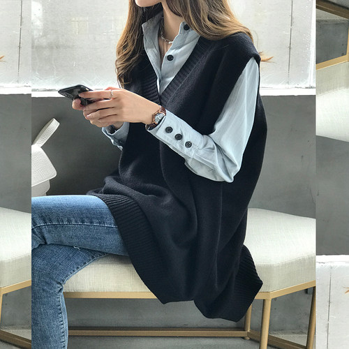 2025秋冬中长款V领棉麻针织马甲