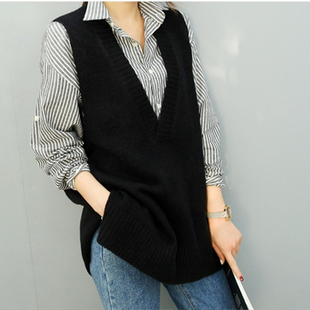 2025秋冬新款百搭中长款V领针织马甲胖mm大码宽松坎肩洋气背心