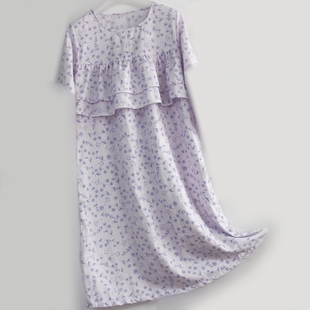 纯棉纱布睡裙短袖遮胸胸前双层荷叶边连衣裙防凸点全棉家居服夏女