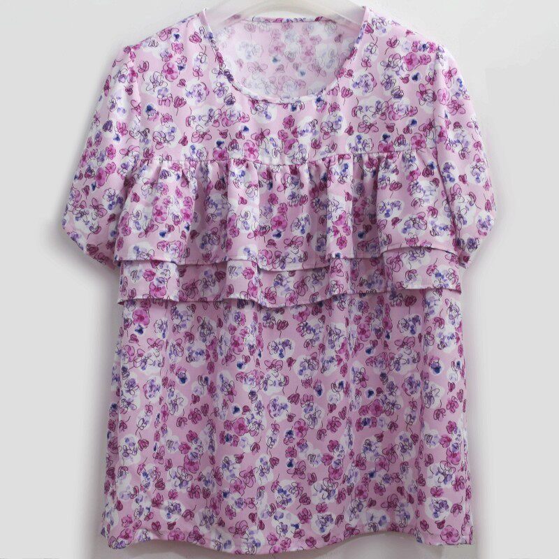 防凸点上衣高端棉绸双层荷叶边睡衣碎花人造棉衣服短袖遮胸女夏薄图片