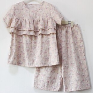 纯棉纱布防走光套装胸前双层荷叶边防凸点睡衣棉布遮胸家居服女秋