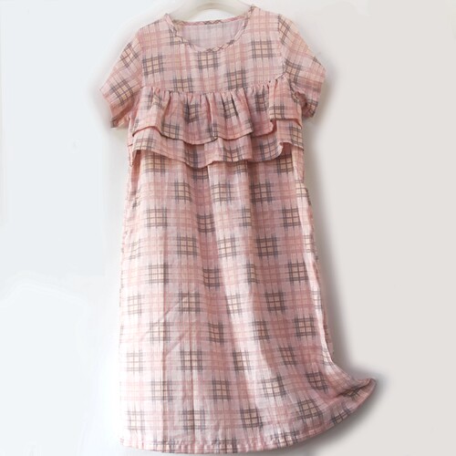 纯棉纱布睡裙短袖遮胸胸前双层荷叶边连衣裙防凸点全棉家居服夏女