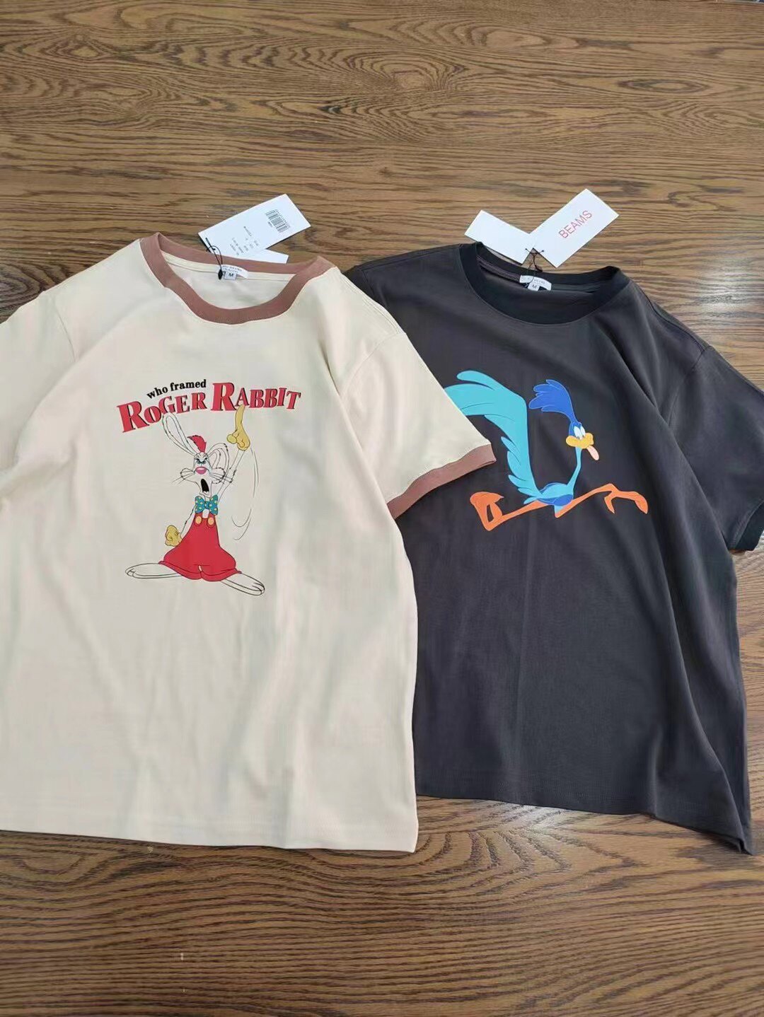 日系beams合作款迪士尼卡通印花撞色领短袖t恤兔子罗杰现货