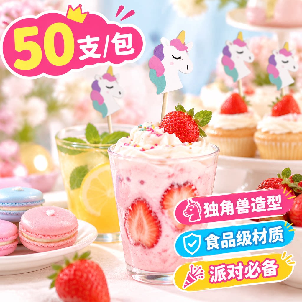 可爱独角兽卡通装饰造型竹签 水果叉签 生日蛋糕插旗鸡尾酒摆盘签
