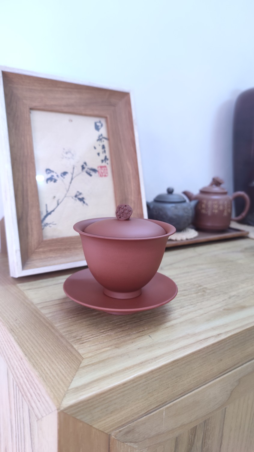 设计师款莲系列  纯手工拉坯原色坭兴陶三才盖碗