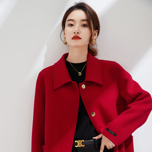 红色毛呢外套女双面羊毛大衣长款娃娃领通勤风高级感修身显瘦大衣