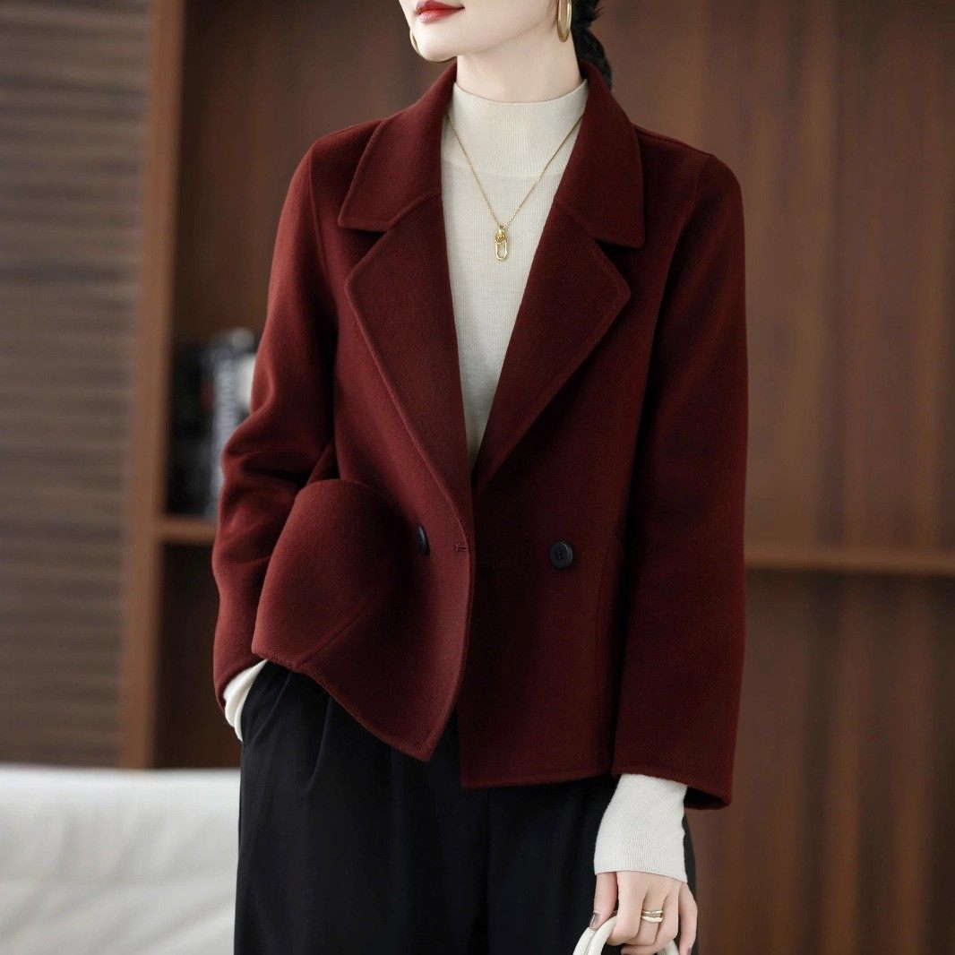 秋冬季新款双面羊毛大衣女西装领短款通勤双排扣呢子毛呢外套显瘦
