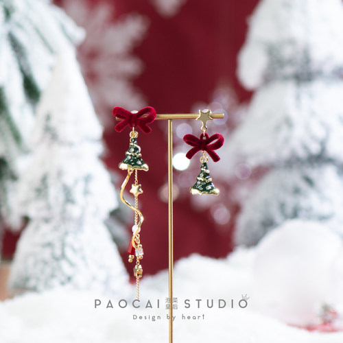 原创圣诞节礼物圣诞树不对称耳环新年红色蝴蝶结耳钉设计感耳夹女