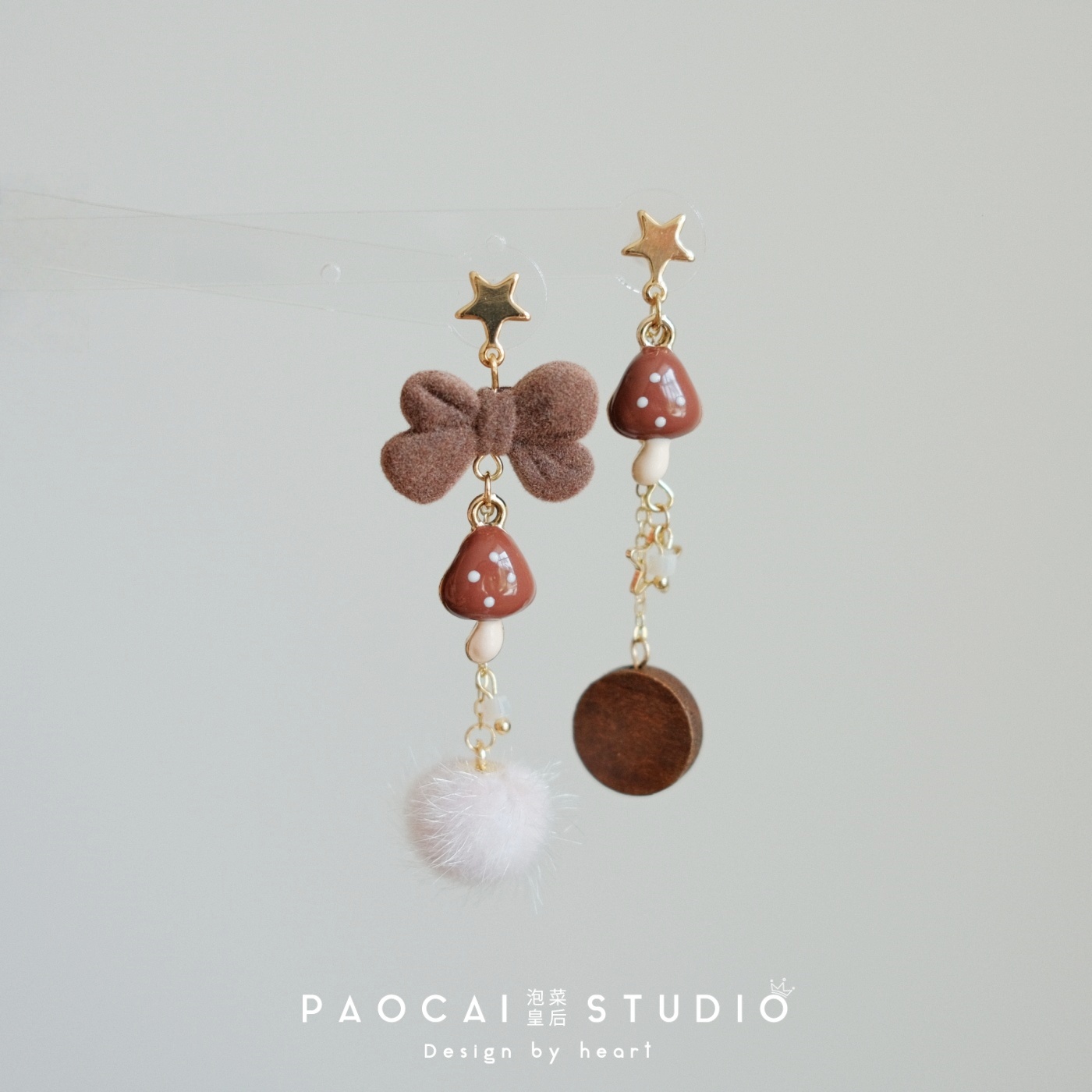 原创蘑菇点点秋冬植绒蝴蝶结耳钉甜美可爱小众设计高级感耳环耳夹