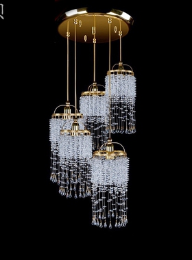 SY浪漫法式全铜雨帘水晶吊灯复式餐厅阁楼梯间灯3头5头线吊水晶灯