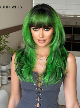 欧美假发绿色高层次中长渐变cos法式刘海万用全头套仿真高温丝wig