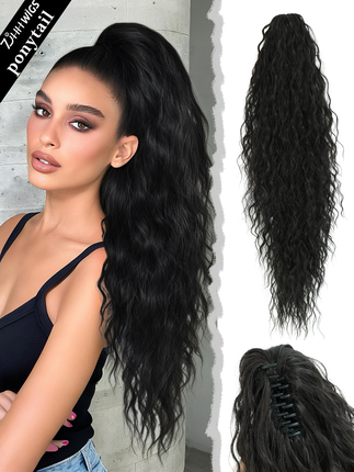 Wig with Latin American Curls, Ponytail Wig, Corn Curls, Wool Curls, Water Wave, Natural Seamless Style, High Ponytail with Claw Clip Braid