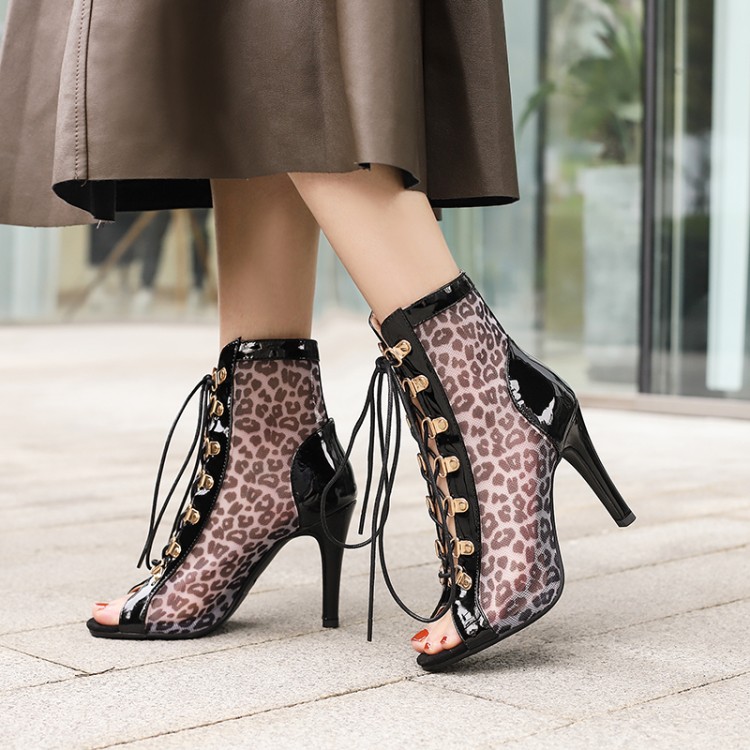 夏季网纱凉鞋女细跟绑带镂空短靴