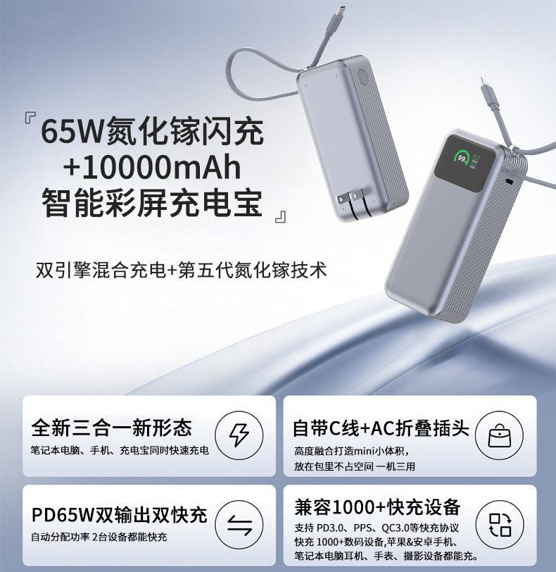 彩屏数显带线65W氮化镓充电宝笔记本手机专用AC墙插头10000毫安45W移动电源/65W氮化镓充电器充电宝二合一