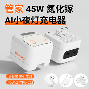 AI语音控制45W氮化镓双口type c床头小夜灯充电器手机平板电脑数码设备适用ipad/iphone/switch/windows掌机