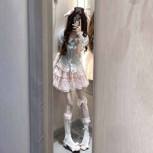 韩版ins学院风蓝色短袖娃娃领上衣+高腰花边蓬蓬短裙两件套装女生