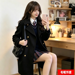日系学院风翻领双排扣毛呢外套女秋冬韩版jk制服大衣宽松呢子外褂