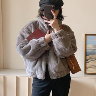 韩风chic温柔软糯毛茸茸短款拉链外套女秋冬加厚保暖立领毛绒棉服