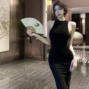 纯欲风性感高腰长款挂脖包裹裙气质紧身收腰显瘦女神范无袖连衣裙