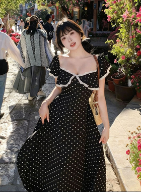 大码女装黑色波点吊带连衣裙女夏季2026新款海边度假风收腰长裙子
