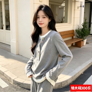 特大码300斤韩系彩色纽扣v领长袖T恤女装春秋假两件上衣胖人胖MM