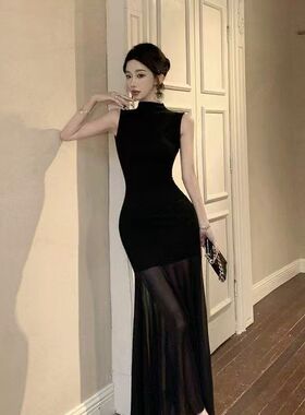 御姐名媛甜辣性感网纱黑色无袖连衣裙女夏季气质修身显瘦包臀长裙